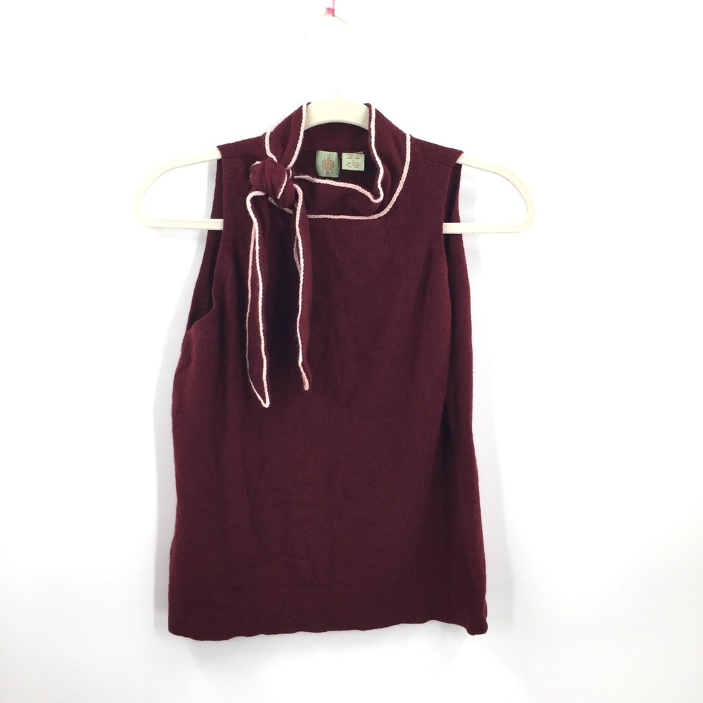 HWR Anthropologie cashmere angora tie neck top retro twee sophisticated maroon L